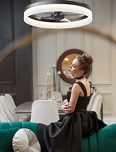 Eryahrt Low Profile Ceiling Fan With Light Remote Control, Semi Flush Mount Ceiling Fans With 5 Invisible Blades, Dimmable Led Ceiling Fan Reversible Blades Timing, Black #TOP29