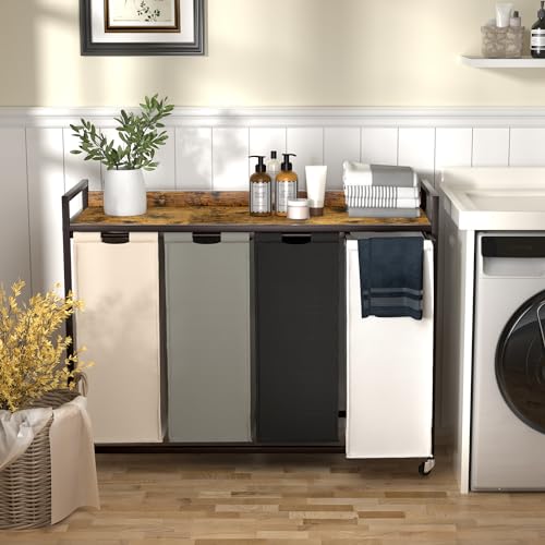 Herture-Laundry-Hamper-with-Shelf-Laundry-Basket-4-Section-Laundry-Sorter-with-Pull-Out-Removable-Large-4-Color-Bags-and-Movable-Wheels-Metal-Frame-4-x-1587-Gallons-60L-Rustic-Brown-PF07XLN