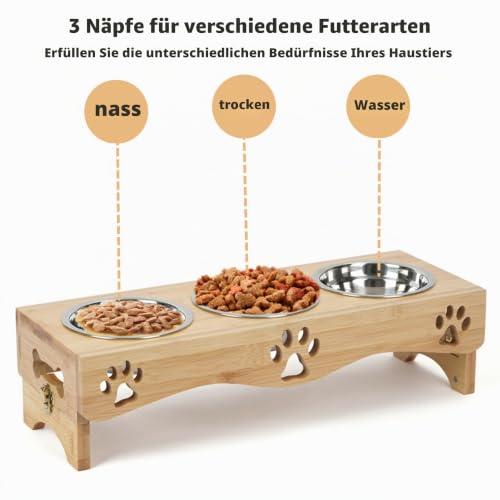 WPAJIRZO Katzennapf erhöht 3er Set - Edelstahl-Näpfe für Wasser & Futter mit Höhenverstellbarem Holzständer - Ergonomische Futterstation für Katzen & Welpen