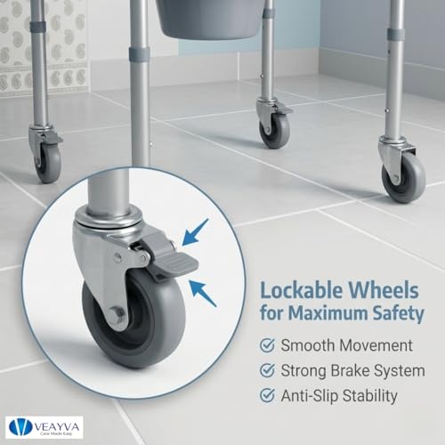 Image of Veayva Height Adjustable Commode Chair With Wheels With Removable Bucket And Locable Wheels- Ideal For Elderly And Disabled Can Roll Over Commode, Grey