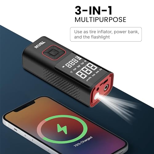 Image of Texum TAP-25 Cordless Tyre Inflator - Multipurpose Portable Air Compressor 160PSI, Air Pump for Car Tires, Balls and Inflatables (Red)