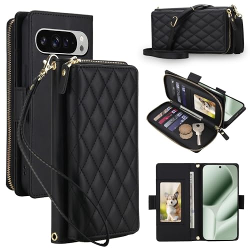 Étui Google Pixel 9 Pro 5G coque arrière rabat portefeuille avec sangle noir