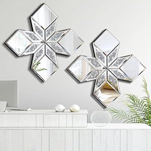 Crushed Diamond Decorative Mirror 2 Pack 16.75×16.75” Diamond Shape Glass Decor Wall Mirror for Home Decor, Accent Mirror