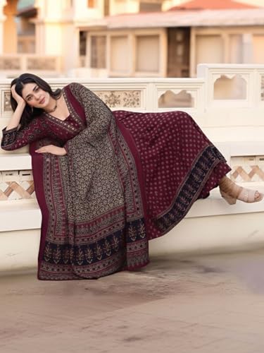 Image of ASSUME FAB Women's Blue Viscose Ajrakh Print Anarkali Kurta with Pant & Dupatta Set | Ethnic V-Neck Flared Salwar Suit for Wedding