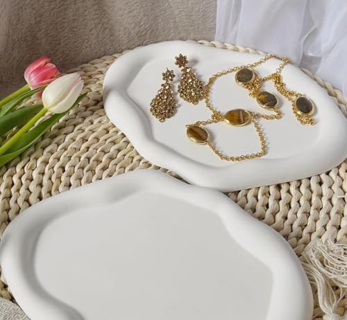 Image of Aesthetic Handcrafted White Concrete Shell Trinket Tray | Elegant Jewelry, Makeup & Table Organizer | Multipurpose Home Decor & Candle Tray | P1G7V