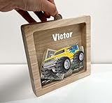 Personalized Savings Piggy Bank for Boys Custom Name Money Box Monster Jam Truck 4x4 Jumps & Stunts Heavy Duty Themed Toddler Boys Gift - Teach Savings in Style - Made in America