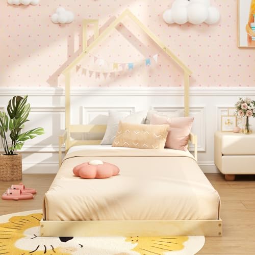 GIANTEX Twin Floor Bed for Kids, Wood Montessori Bed with Chimney Headboard, Without Slats, House Floor Beds Frame for Boys, Girls, Natural