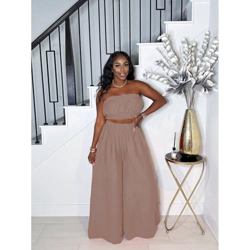 Image of Two Piece Sets for Women Summer Outfits Crop Tops and Wide Leg Pants Sets Sexy Jumpsuits Vacation Outfits with Pockets