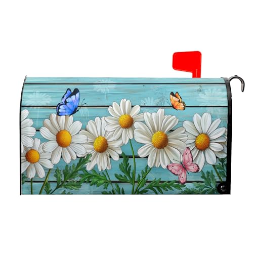 Image of Rustic Spring Summer Daisy Mailbox Covers Magnetic Large Size Spring Teal Old Wood Board Magnetic Mailbox Covers Daisy Floral Mailbox Wrap Post Letter Box Cover for Garden Yard Decor 25x21 Inch