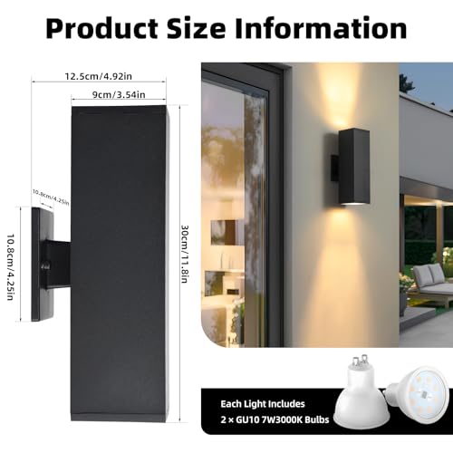 Image of 4 Pack LED Square Up Down Outdoor Wall Lights, Black Exterior Light Fixture | Bulb Incl., 3000K, Aluminum, 12'' Modern Outdoor Lights for House, Waterproof Outside Porch Sconce Light for Garage, Patio