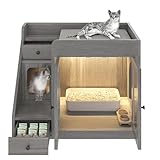 Cat Litter Box Enclosure with Light, 33" Hidden Litter Box Furniture with 2 Storage Drawers and 3 Side Stairs, Indoor Cat House Side Table for Living Room, Gray