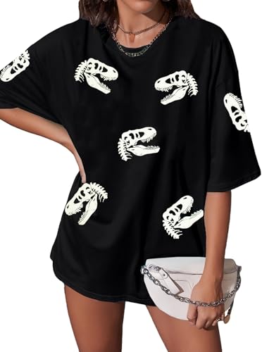 Dinosaur Shirt Women Oversized Cute Dinosaur Graphic Tees Funny Dinosaur Movie Shirts Casual Holiday Short Sleeve Tops