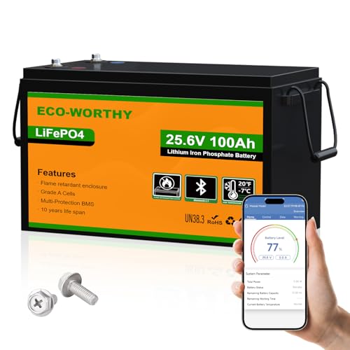 ECO-WORTHY LiFePO4 24V 100Ah Bluetooth mit BMS Schutz Low Temperature Schutz und 4000-15000 Zyklen 24V 100Ah für Wohnmobilen Wohnwagen Solaranlage Komplettset