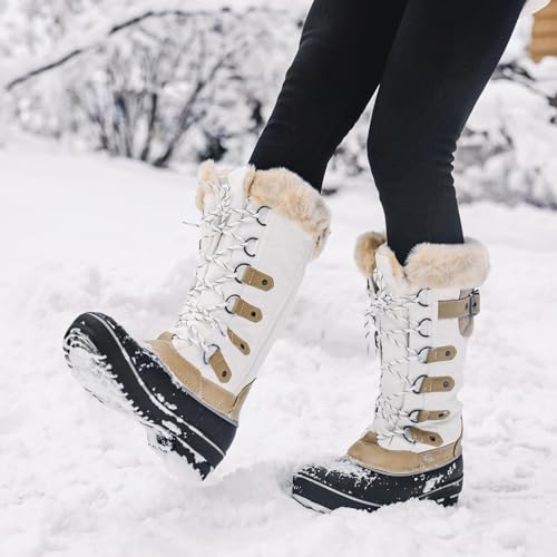DREAM PAIRS DREAM PAIRS Women's DP Warm Faux Fur Lined Mid Calf Winter Snow Boots,Size 10,Beige/White,DP-AVALANCHE
