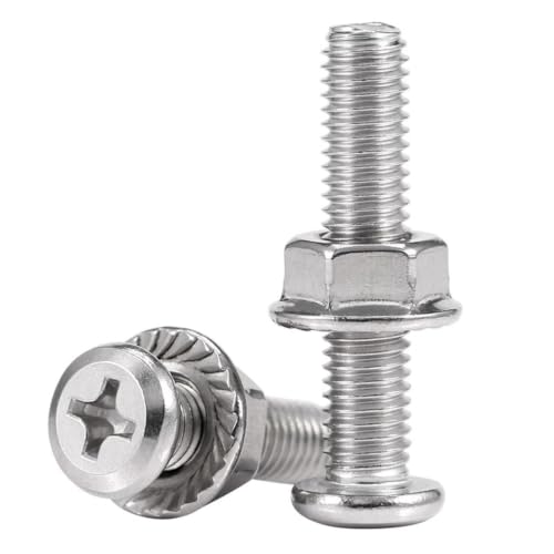 10Pcs Stainless Steel Phillips Pan Head Screws with Hex Nuts and Serrated Washers, Silver (M6*10MM)