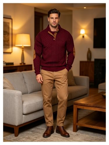 Jersey henley de hombre con punto trenzado y coderas para invierno 5