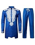 ZEROYAA Men's Africa Suit Long Sleeve Print Dashiki and Pants Outfit Traditional 2 Piece Set Royal Blue Large