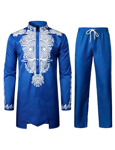ZEROYAA Men's Africa Suit Long Sleeve Print Dashiki and Pants Outfit Traditional 2 Piece Set Royal Blue Large