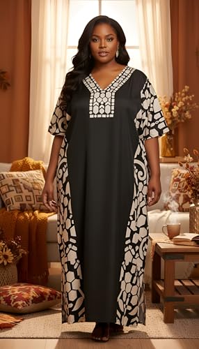 Image of Goood Times Plus Size Kaftan Long Maxi Kimono for Women, 52 inch Length, 3 /4 Sleeves, Caftan Nightgown for Women