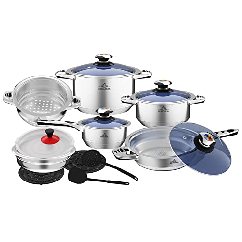 Topfset Edelstahl,LB 16-Teilig Pfannenset, Kochtopf Set mit Temperaturanzeige,Deckel aus Gehärtetem Glas, 9-lagiger Material Töpfe Set mit 2 Dämmplatten für Alle Herdarten(blue carton)