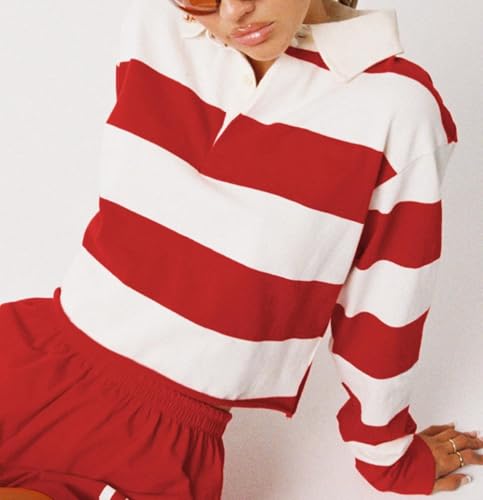 Women Striped Oversized Polo Shirt Long Sleeve V Neck Pullover Sweatshirt Color Block Lapel Collar Rugby Shirt2