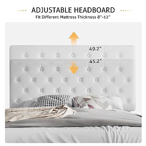 Image of SHA CERLIN Queen Size Bed Frame with Button Tufted Headboard, White | Faux Leather Upholstered Mattress Foundation, Platform Bed Frame, Wooden Slat Support, No Box Spring Needed