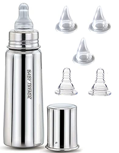 Baby Trendz Stainless Steel Baby Feeding Milk Bottle 250ml Capacity with 2 Additional Nipple and 3 Sipper Nipples (Straight Design Bottle)