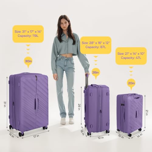 Expandable 20% Luggage- 26 Inch Luggage with Spinner Wheels-Suitcase PP Material Spinner Built-In TSA LOCK-Travel Luggage for Men Women,26''Purple3