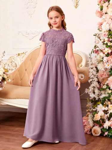 LTW Junior Bridesmaid Dress for Teen Chiffon Wedding Maxi Gown Lace Flower Girl Dresses with Sleeves4