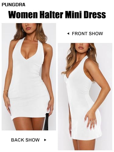 Image of Women's Summer Sexy Halter V Neck Mini Dress for Women Slim Fit Club Party Going Out Bodycon Short Dresses
