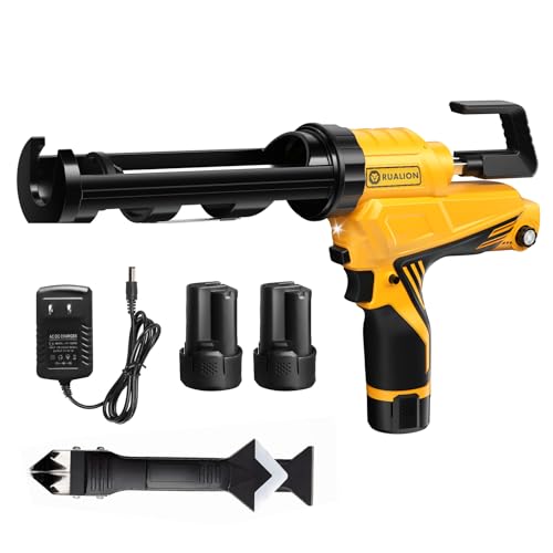 Rualion Electric Caulk Gun - Max 4000N Force, Variable Speed Cordless 1/10 Gallon (10 oz) Caulking Tool with Rotating Cradle & Auto Flow Stop (2 * 12V 2.0 Ah Batteries)