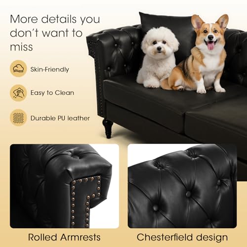 Image of 99.4 Inch 5 Seat L Shaped Couch Faux Leather Sectional Couch with Three Pillows Chesterfield L Shaped Sofa PU Leather Sectional Couches for Living Room Black