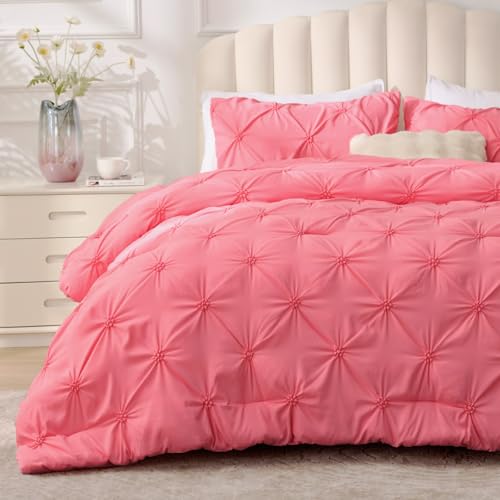 Image of BEDELITE Twin Comforter Set Strawberry Pink,Lightweight & Soft Comforter | Pintuck Boho Bedding, Warm & Cute Bed Set for All Season,With 1 Pillowcase