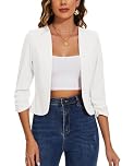 MINTLIMIT Women Cropped Blazer 3/4 Ruched Sleeve Jacket Blazers Elegant Suit Short Jacket Collarless (White L)