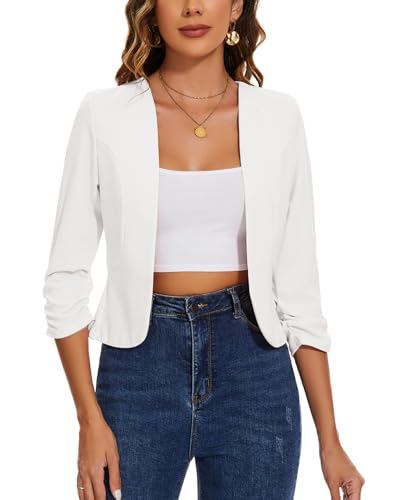 MINTLIMIT Women Crop Blazer 3/4 Ruched Sleeve Jacket Blazers Elegant Suit Short Jacket Collarless (White L)