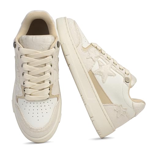 NOWSETS Beige Fashion Star Sneakers for Women Platform Leather Casual Hiking Lace up Low Top Comfort...