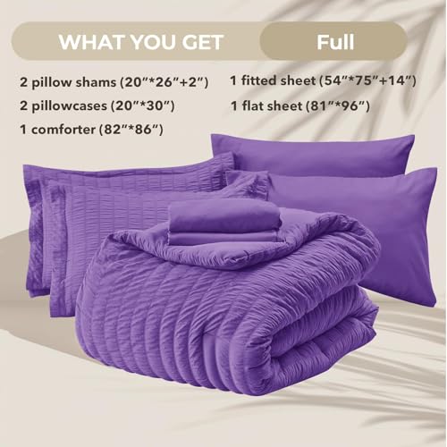 Image of HYMOKEGE Bright Purple Full Size Comforter Sets Seersucker 7 Pieces, All Season Luxury Bed in a Bag for Bedroom, Bedding Set with Comforter, Sheets, Pillowcases & Shams