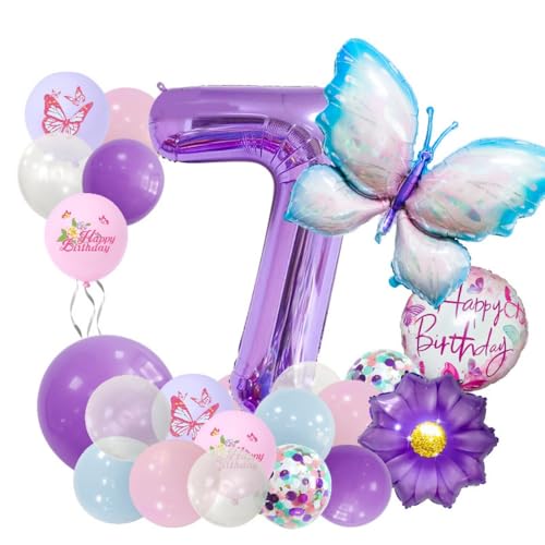 7th Butterfly Birthday Balloo Decorations for Girls7thTheme Party Birthday Decoration Supplies (Purple Butterfly Number 7)