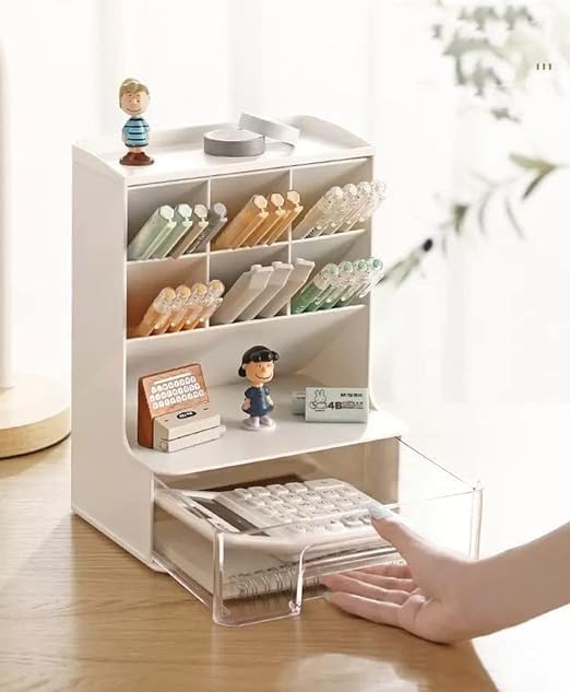 Seven Moon Desk Storage Organizer with Drawer - Space-Saving Solution for Home, Office & School - Perfect for Pens, Stationery, and Makeup Organization (White) 3