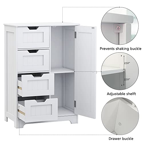 Rasoo Bathroom Storage Cabinet White Freestanding Floor Storage Cupboard Adjustable Shelf With 4 Drawers And 1 Door #TOP6
