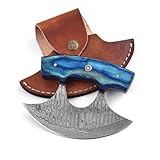 MOHID ENT Damascus ulu knife with leather sheath, 6' Best pizza cutter with wooden handle for stable grip, Alaska Ulu knife perfect for slicing, mincing, and chopping (6064)