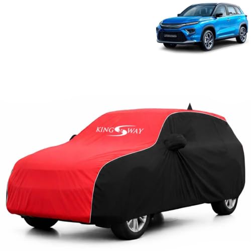 Image of KINGSWAY Super Waterproof Car Cover Only with Urban Cruiser Hyryder (Year 2022 Onwards) | Mirror and Antenna Pockets | All Weather Car Body Cover with Silver Piping | Black Red