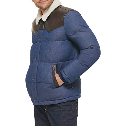 Levi's Men's Out West Mixed Media Jacket, Faded Blue Denim Puffer, Medium #TOP3