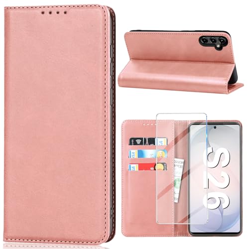 Film écran Samsung Galaxy S26 et étui rabat rose en cuir synthétique porte-carte Vaki