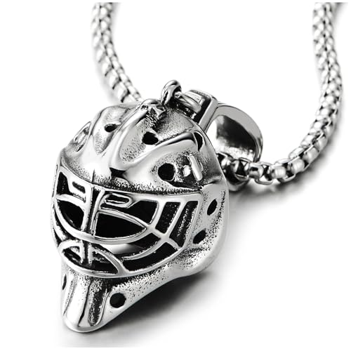 COOLSTEELANDBEYOND Mens Hockey Mask Pendant Necklace, Stainless Steel, Goalie Mask Design, 24 inch Wheat Chain