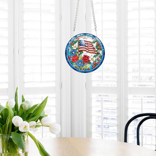 Image of AiYuanzsh DIY Hanging Diamond Painting Pendant Set - Independent Flower Patriotic Art Board, Special Shaped Crystal Diamonds, Elegant Floral Wall Decor, Independence Day Gift for Friends and Family
