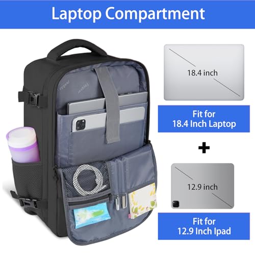 Taygeer Ryanair Cabin Bag 55x40x20 Travel Rucksack Cabin Size, 44L Rucksack for Plane Hand Luggage 55x40x20 Flight Approved Travel Backpack Men Fit 18.4 Inch Laptop with Separate Shoe Pouch, Black - Image 2