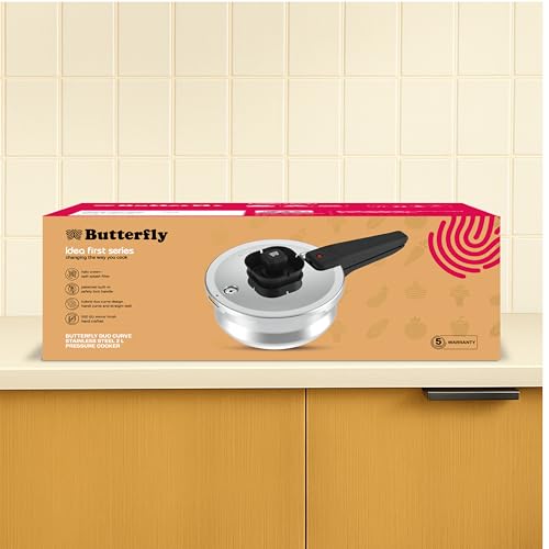 Image of Butterfly Duo Curve SS 2L Pressure Cooker|Induction Base | Halo Crown Spill filter| | Patented Pressure Lock Handle(4th Level Safety) | Float mechanism powered Optimal Steam Cooking | 5 Years Warranty