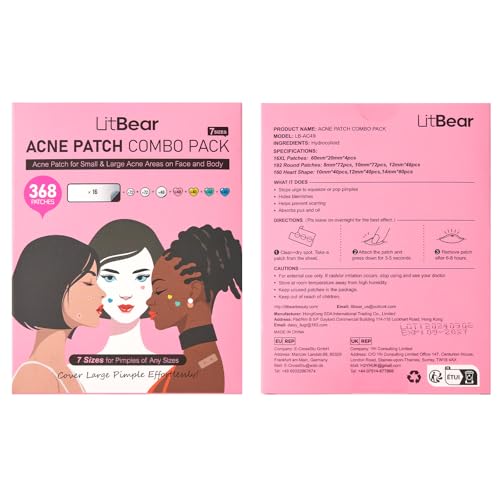 LitBear Adesivo 3 em 1 para acne, 7 tamanhos 368 adesivos hidrocolóides para acne para rosto, testa,