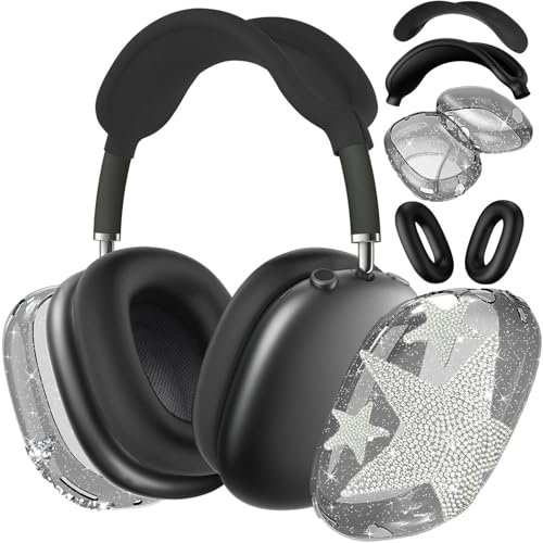 [4 in 1] Case Cover for AirPods Max 2/1 (2026/2024/2020) Ear Pad Case Cover/Headband Cover/Ear Cups Cover with Bling Star Decoration for Apple AirPods Max Headphones (Bling Black Star)